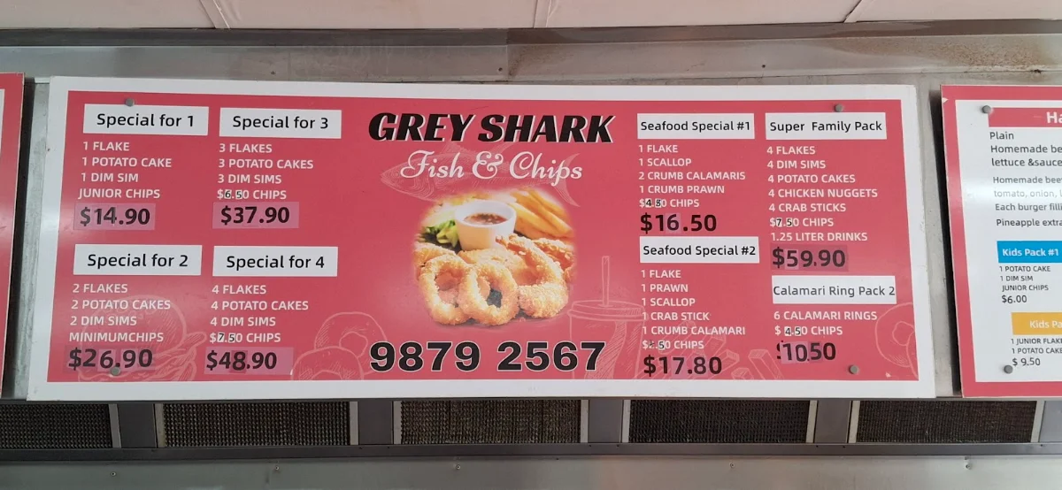 Menu, Grey Shark Fish & Chips