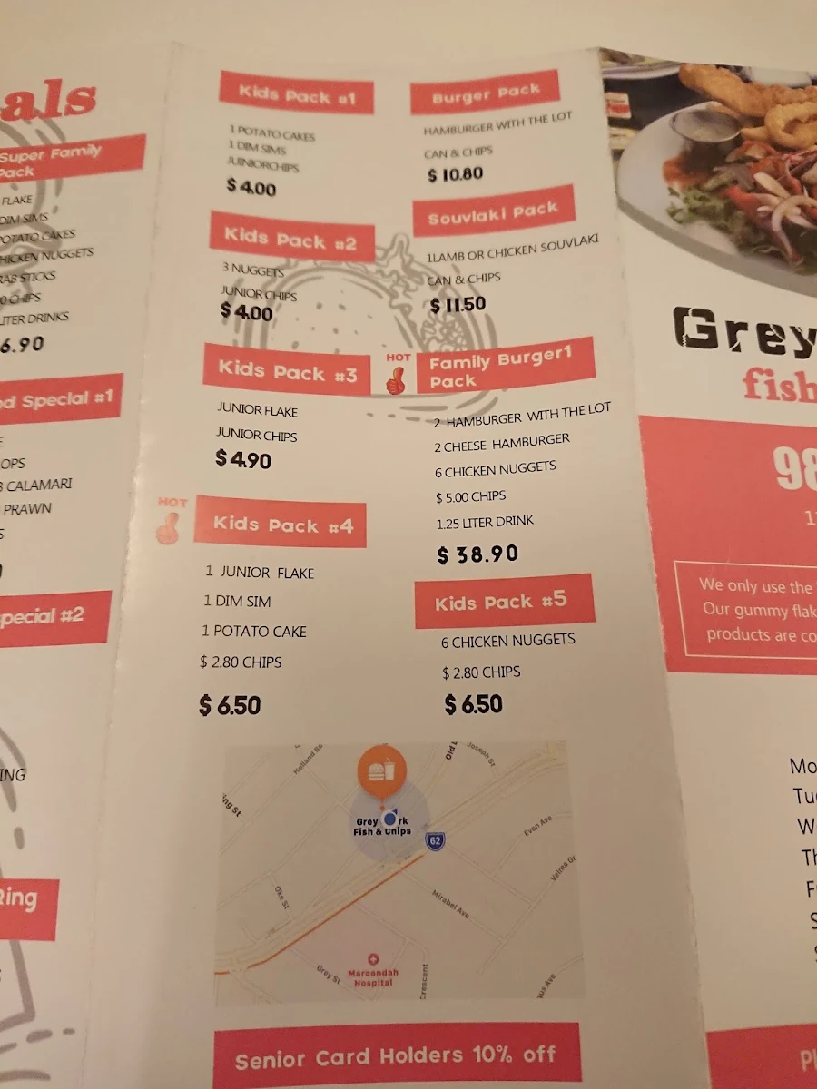 Menu, Grey Shark Fish & Chips