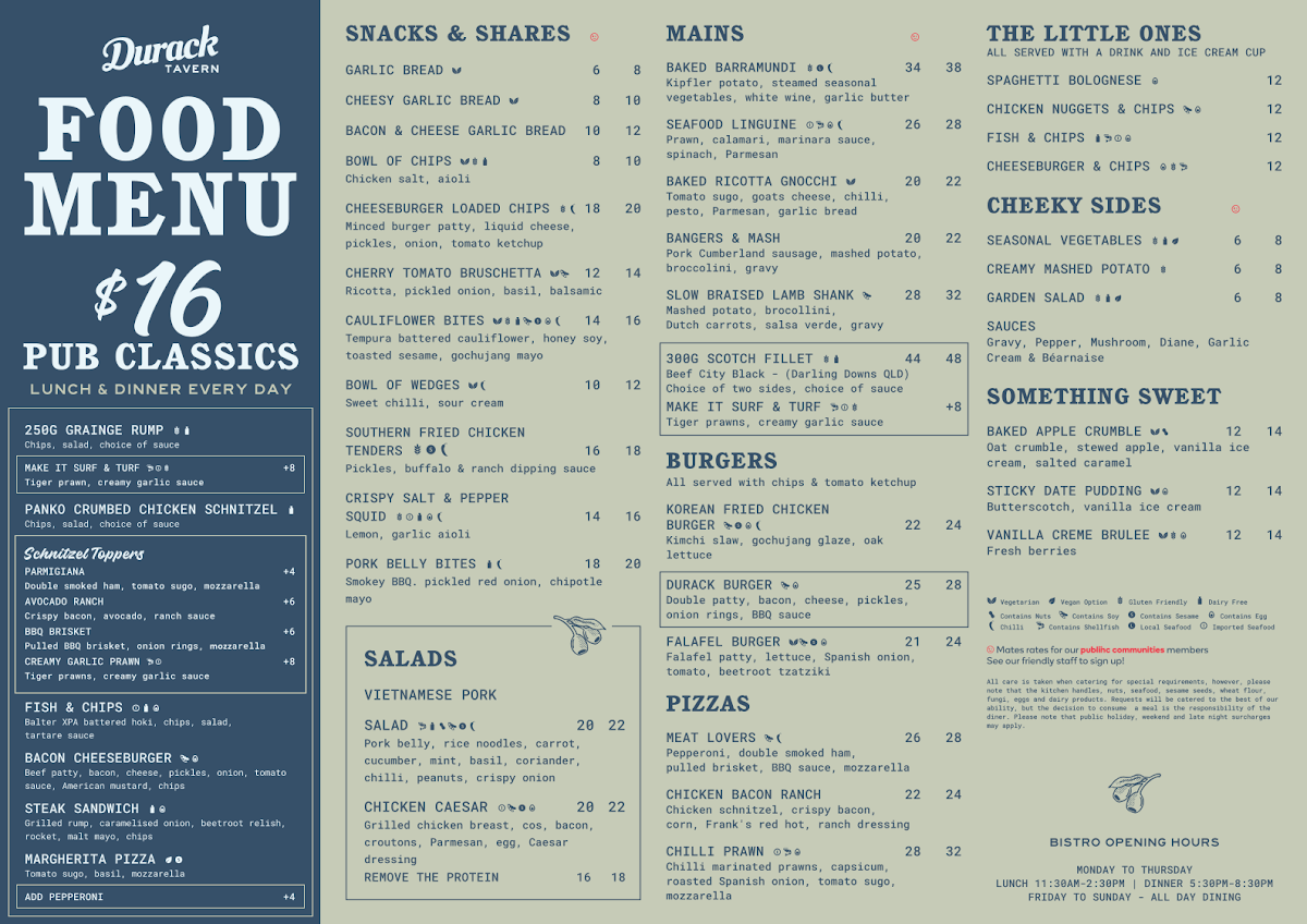 Menu, Durack Tavern