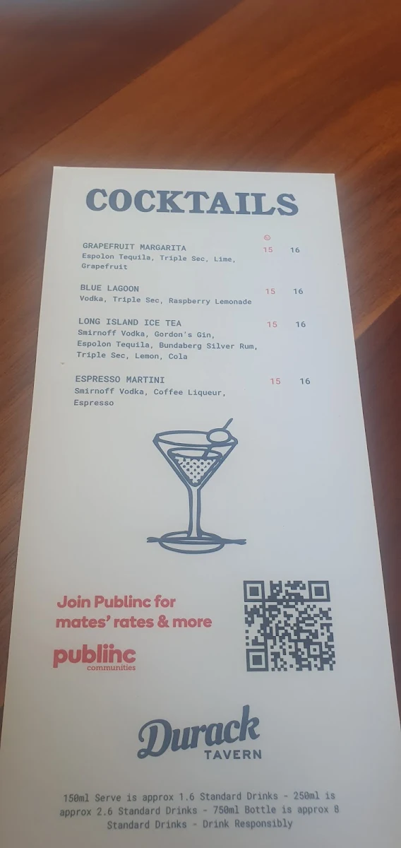Menu, Durack Tavern