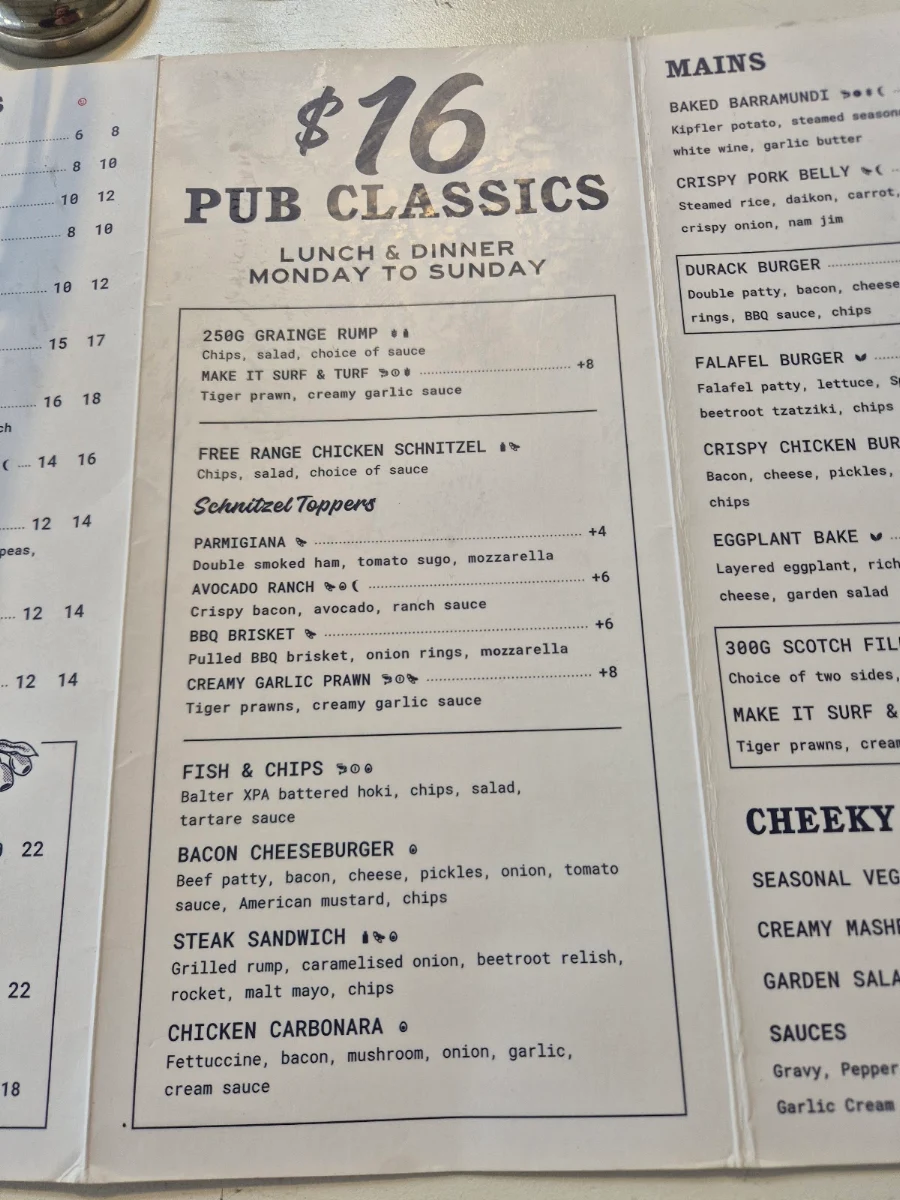 Menu, Durack Tavern