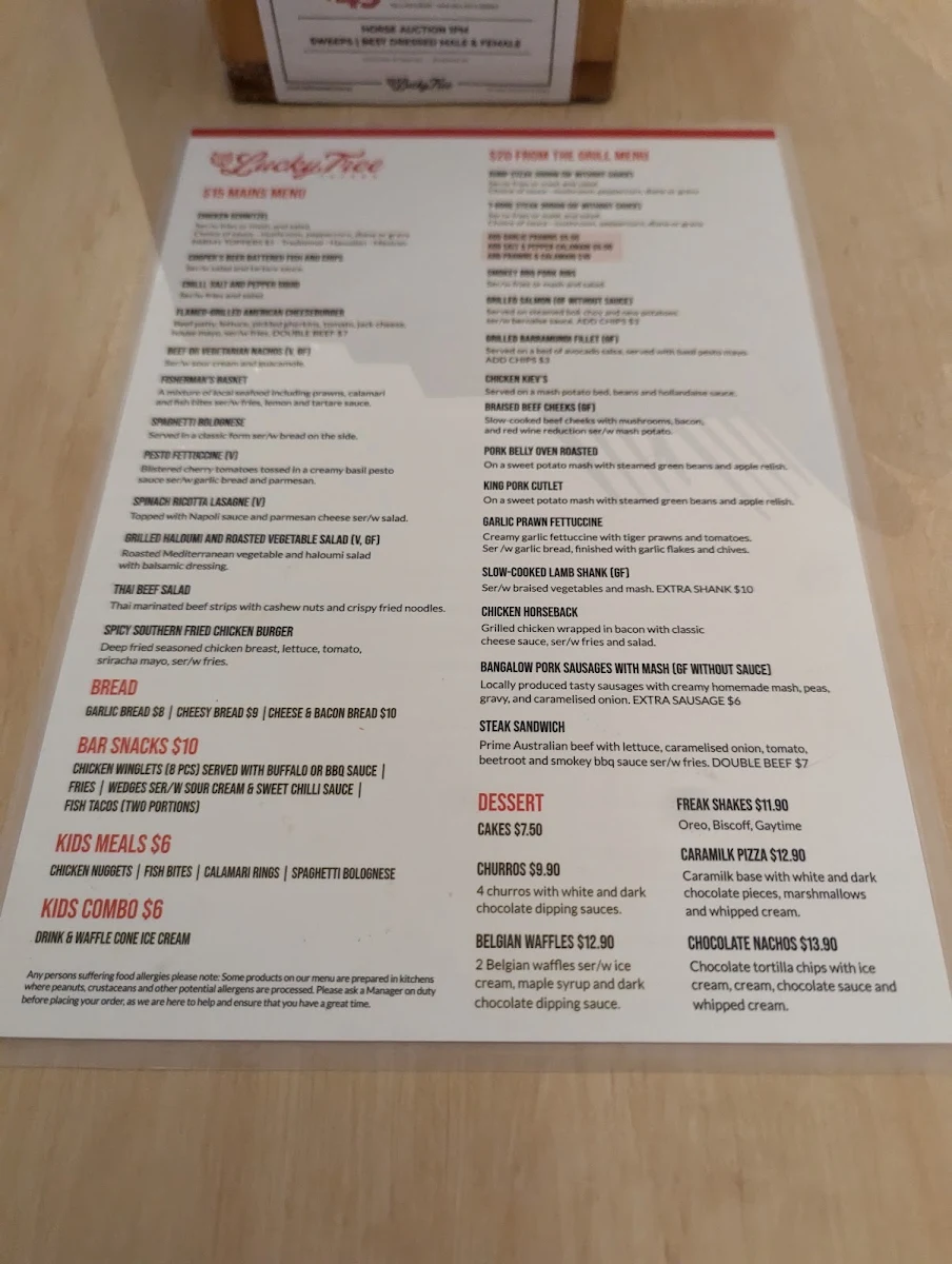 Menu, Durack Tavern