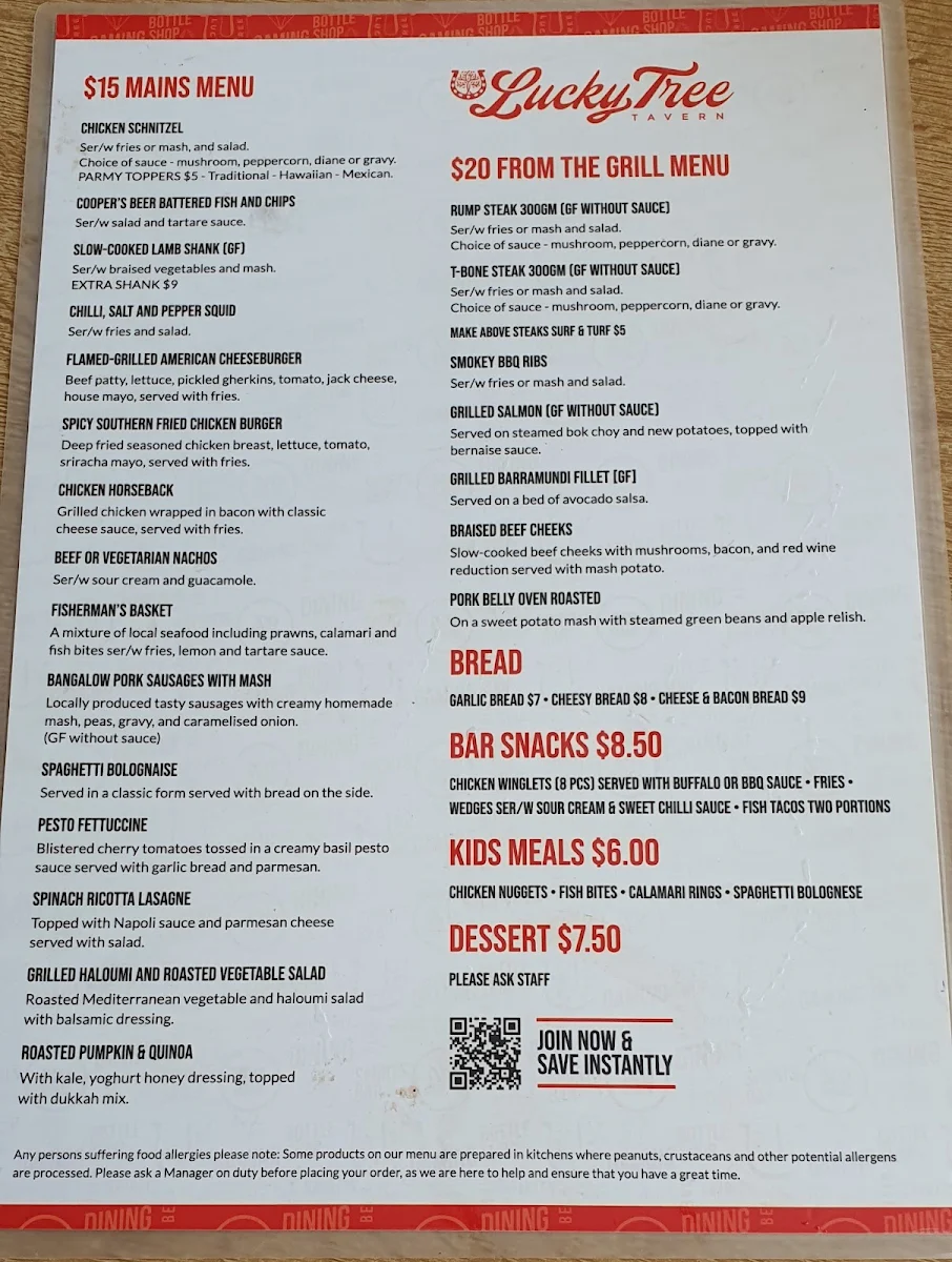 Menu, Durack Tavern