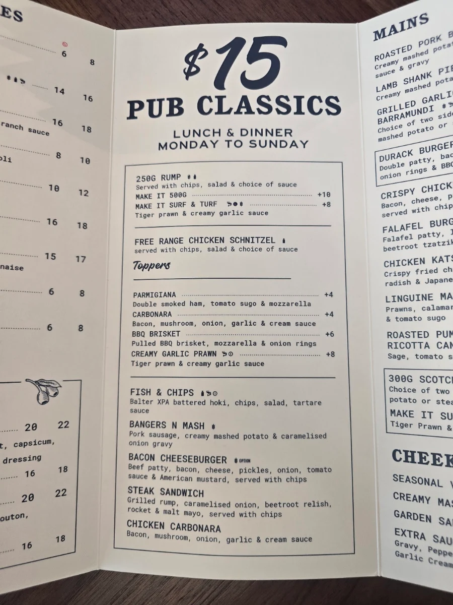 Menu, Durack Tavern