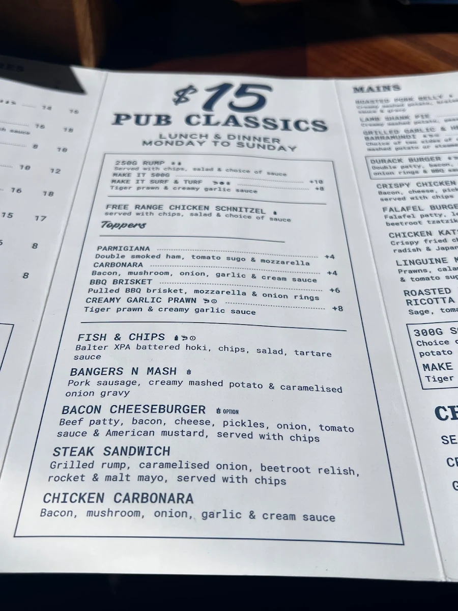 Menu, Durack Tavern