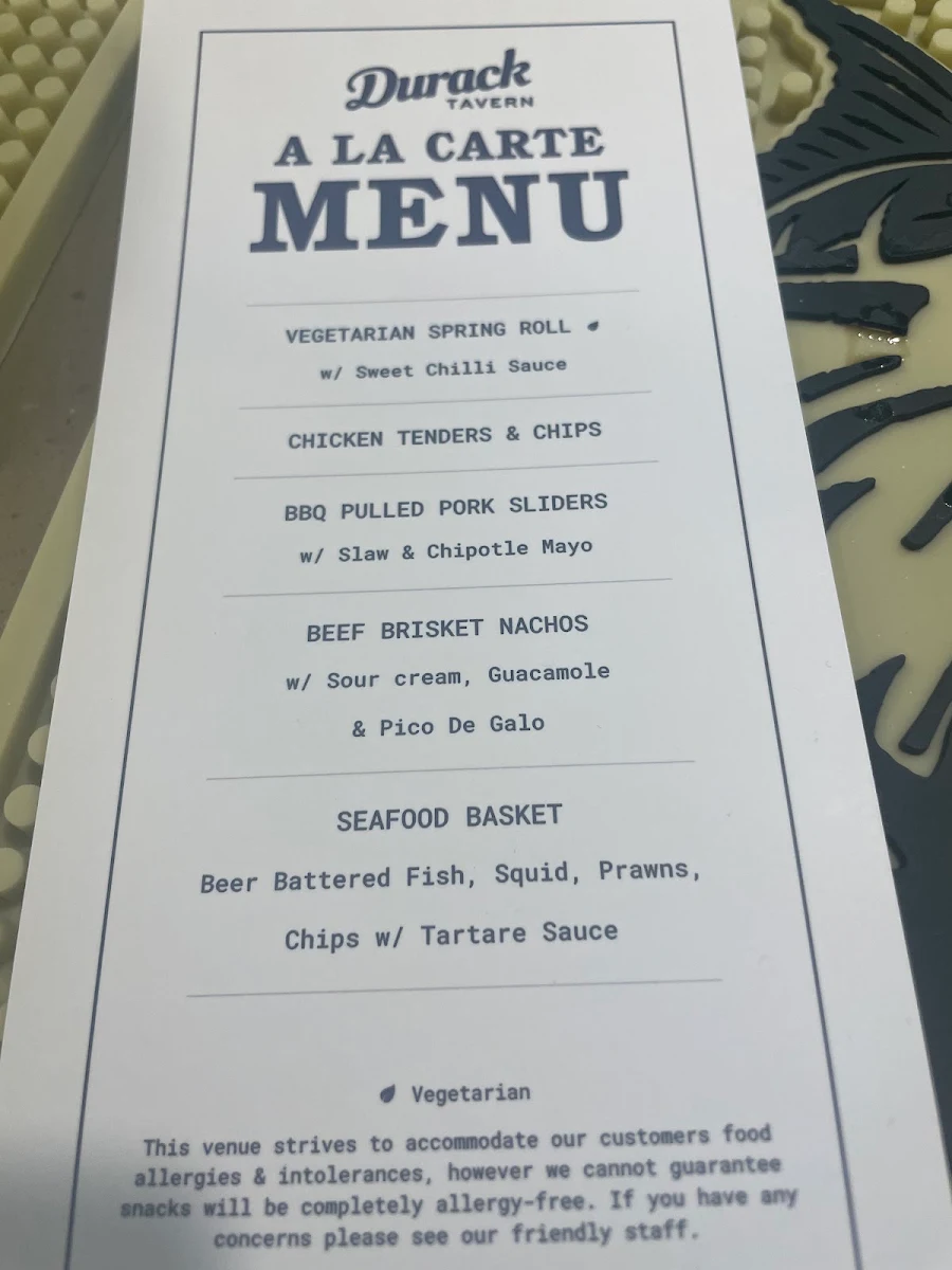 Menu, Durack Tavern