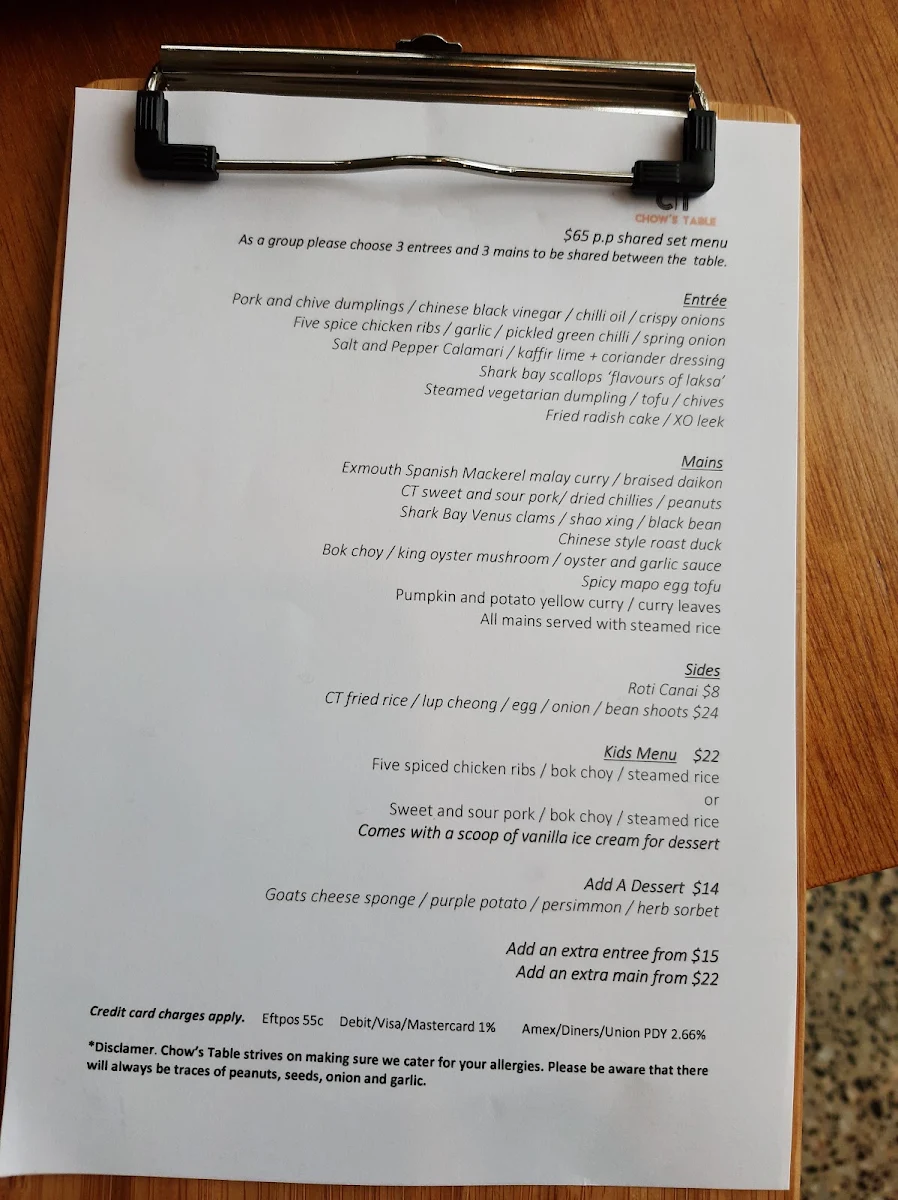 Menu, Chow's Table