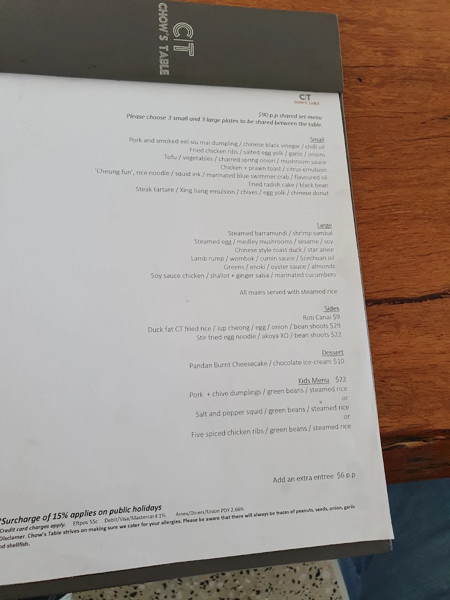 Menu, Chow's Table