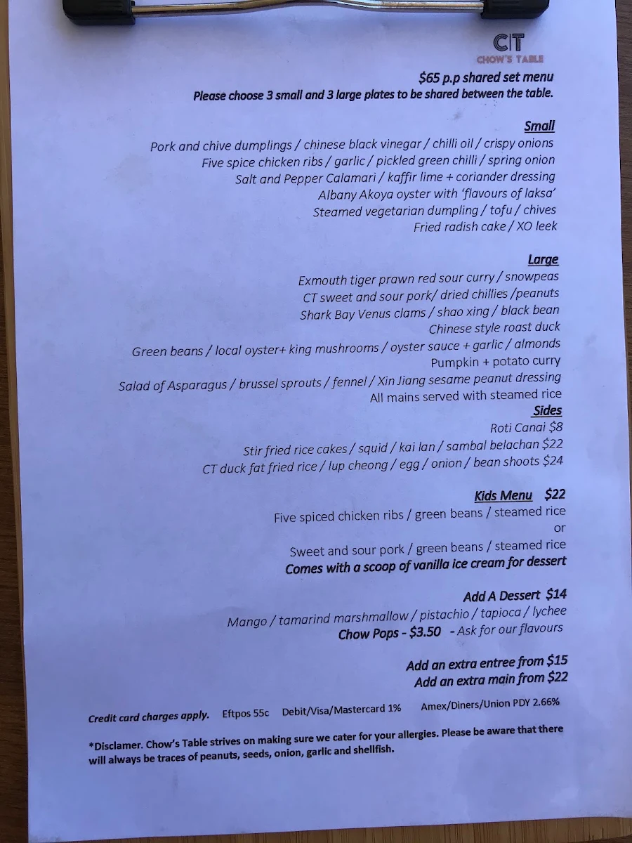 Menu, Chow's Table