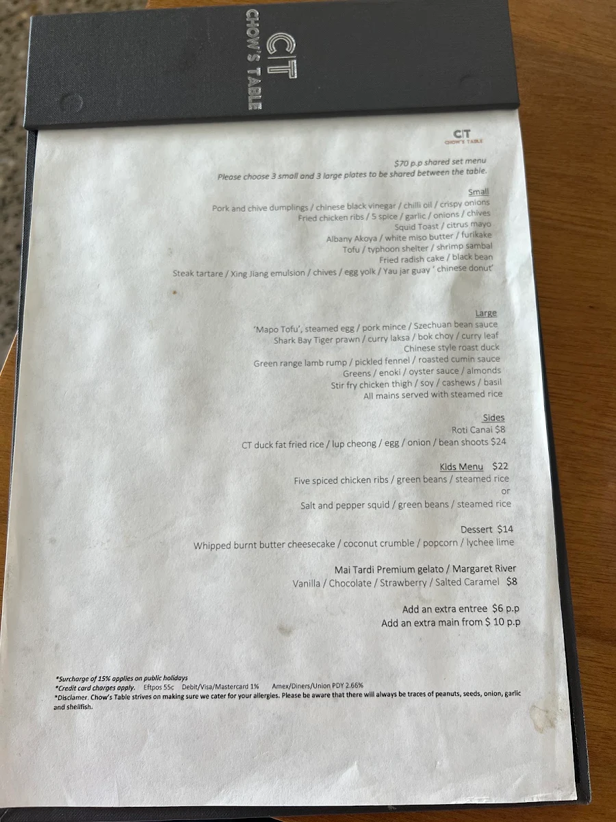 Menu, Chow's Table