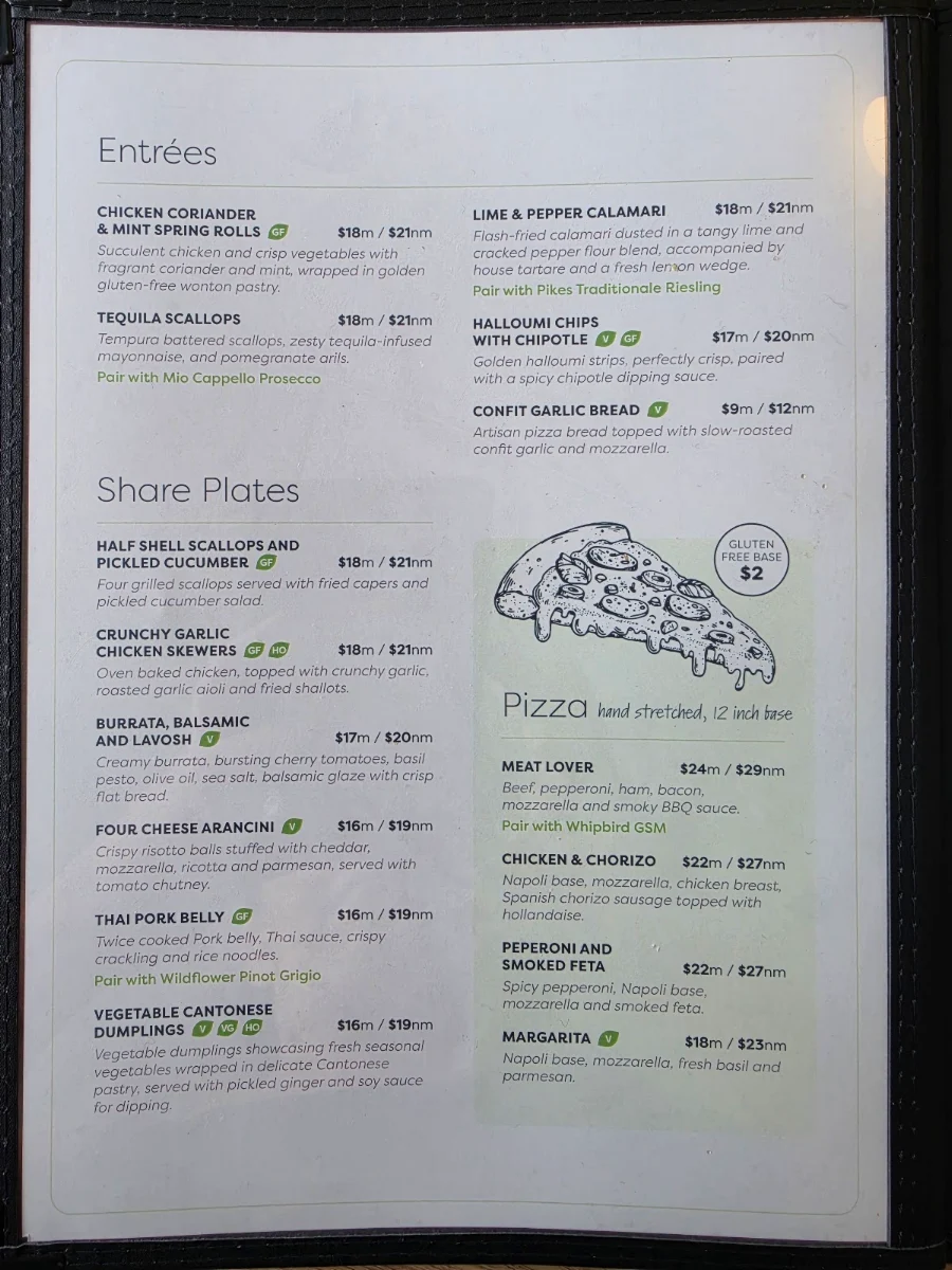 Menu, Parkside Community & Services Club