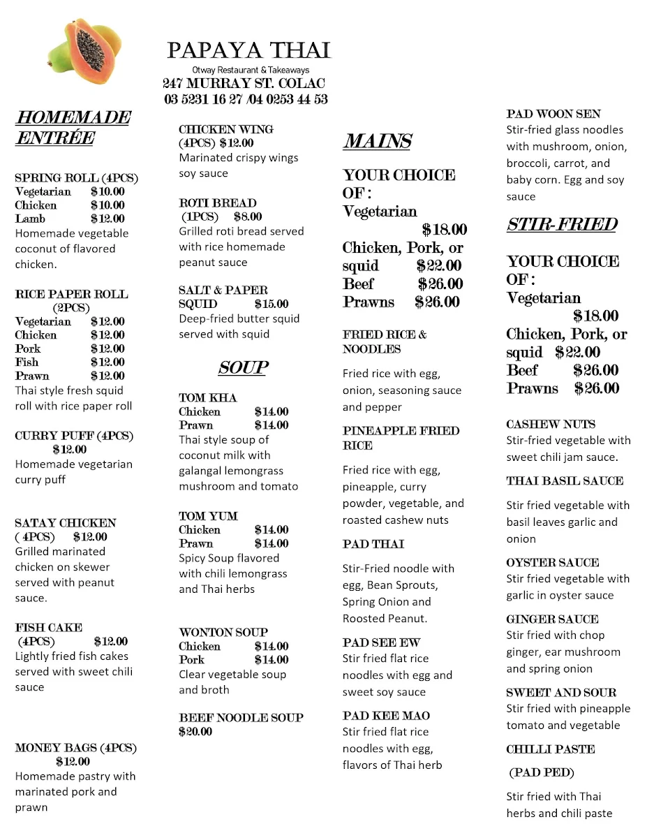Menu, papaya thai otway