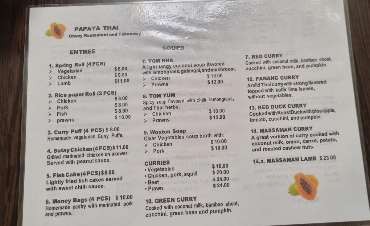 Menu, papaya thai otway