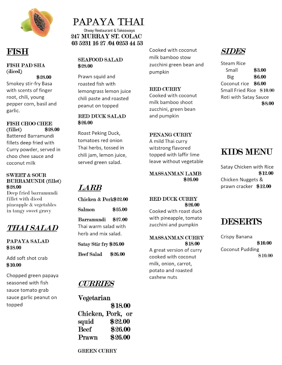 Menu, papaya thai otway