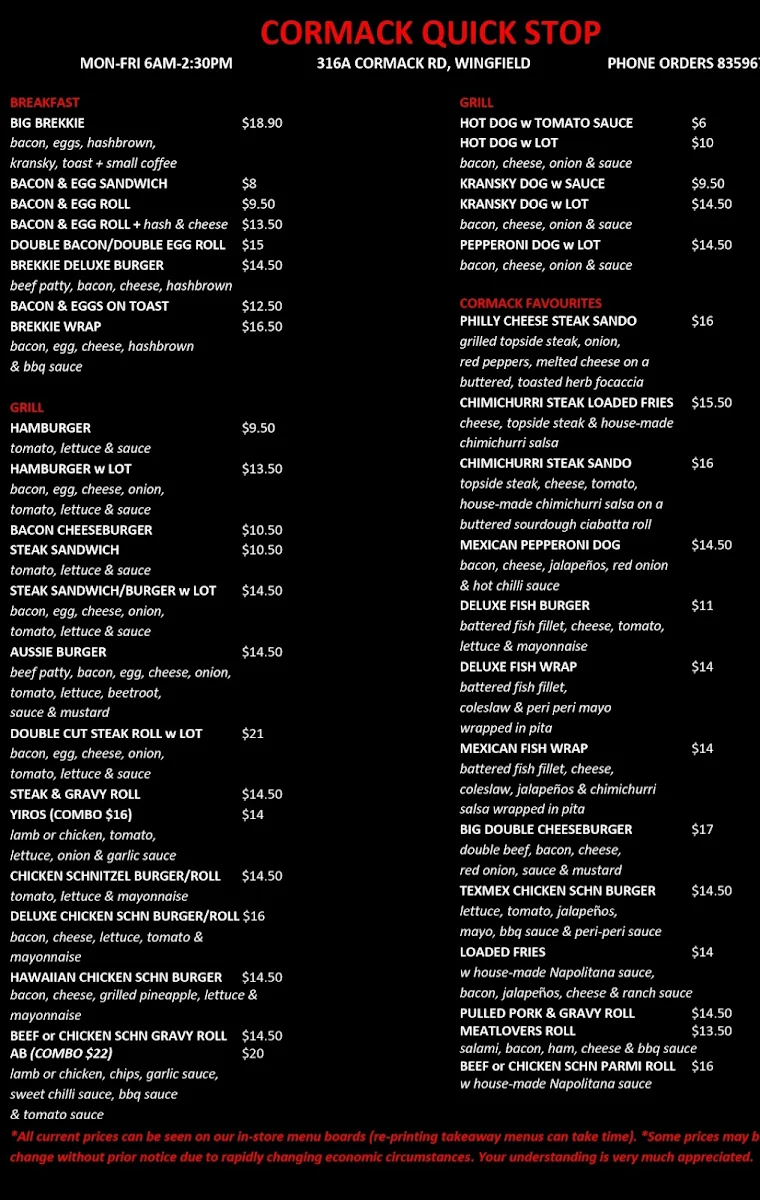 Menu, Cormack Quick Stop