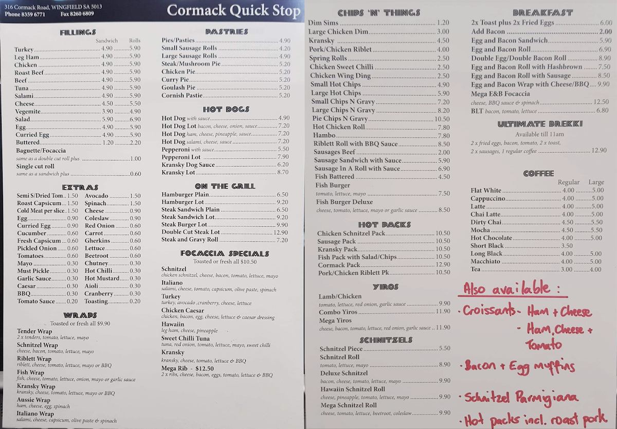 Menu, Cormack Quick Stop