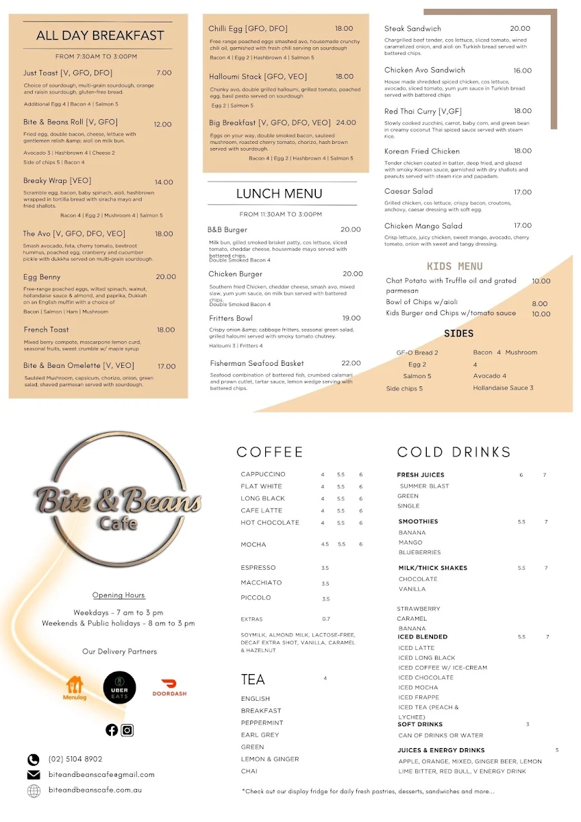 Menu, Bite & Beans Cafe