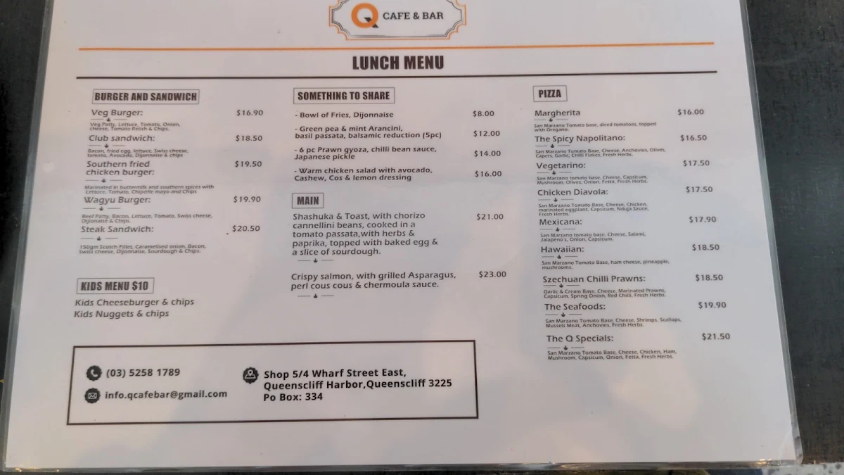 Menu, Q Cafe & Bar