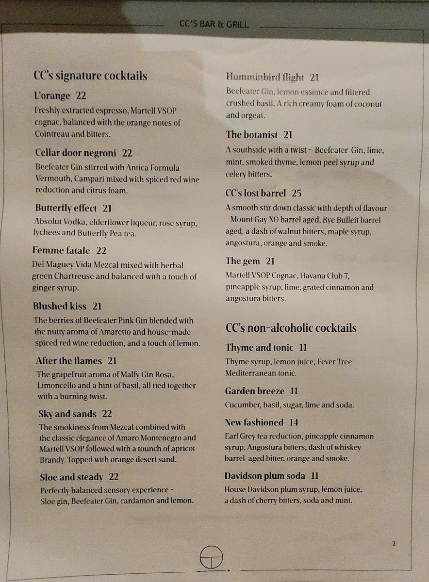 Menu, CC's Bar & Grill by Crystalbrook