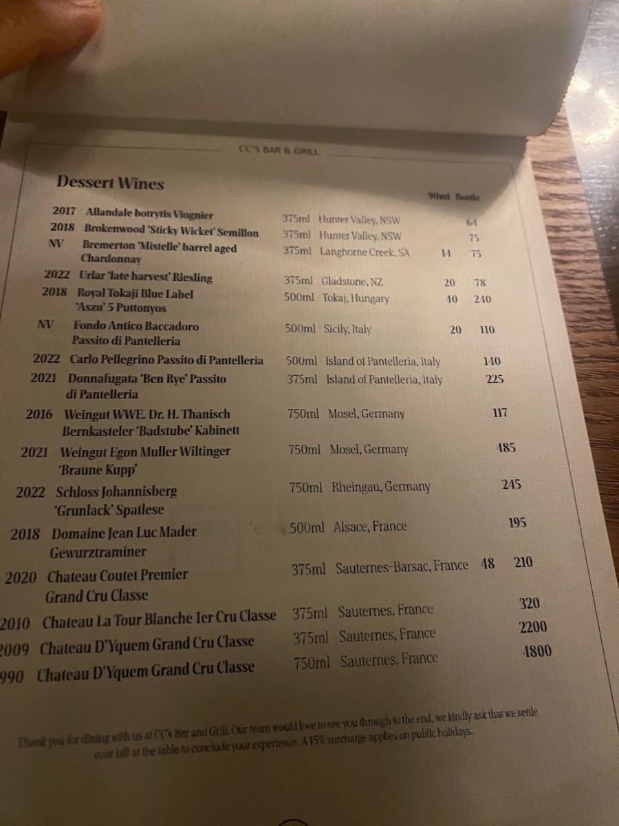 Menu, CC's Bar & Grill by Crystalbrook