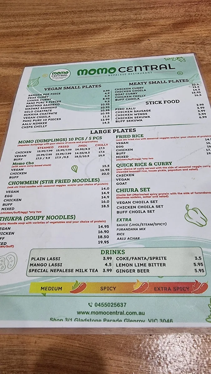 Menu, Momo Central Glenroy