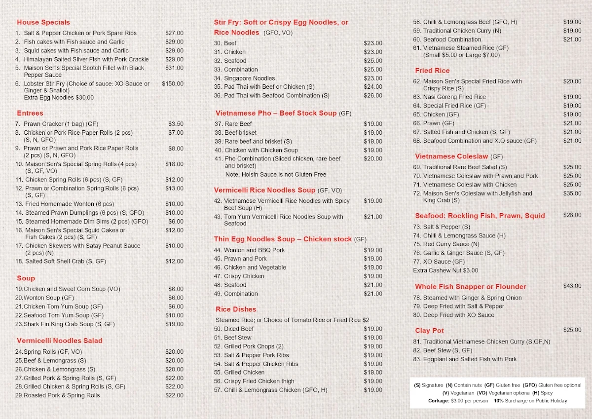 Menu, Maison Sen's
