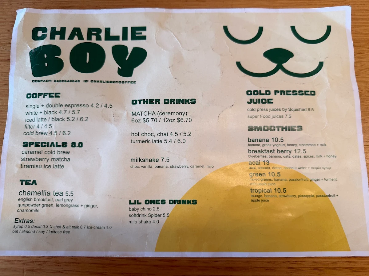 Menu, Charlie Boy Coffee