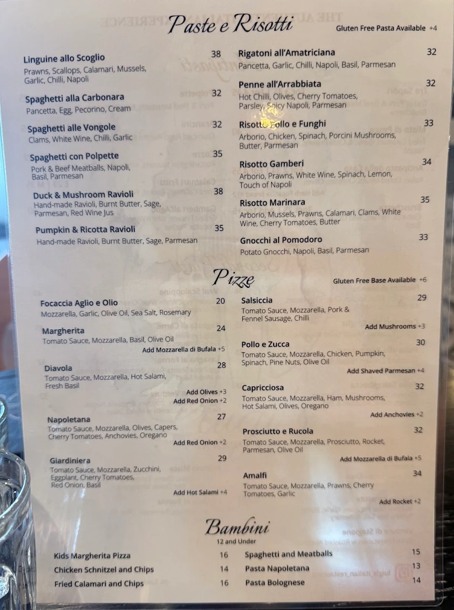 Menu, Luigi's Italian Restaurant