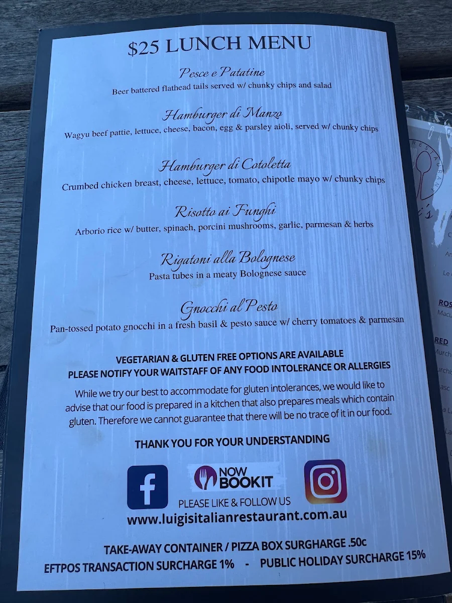 Menu, Luigi's Italian Restaurant