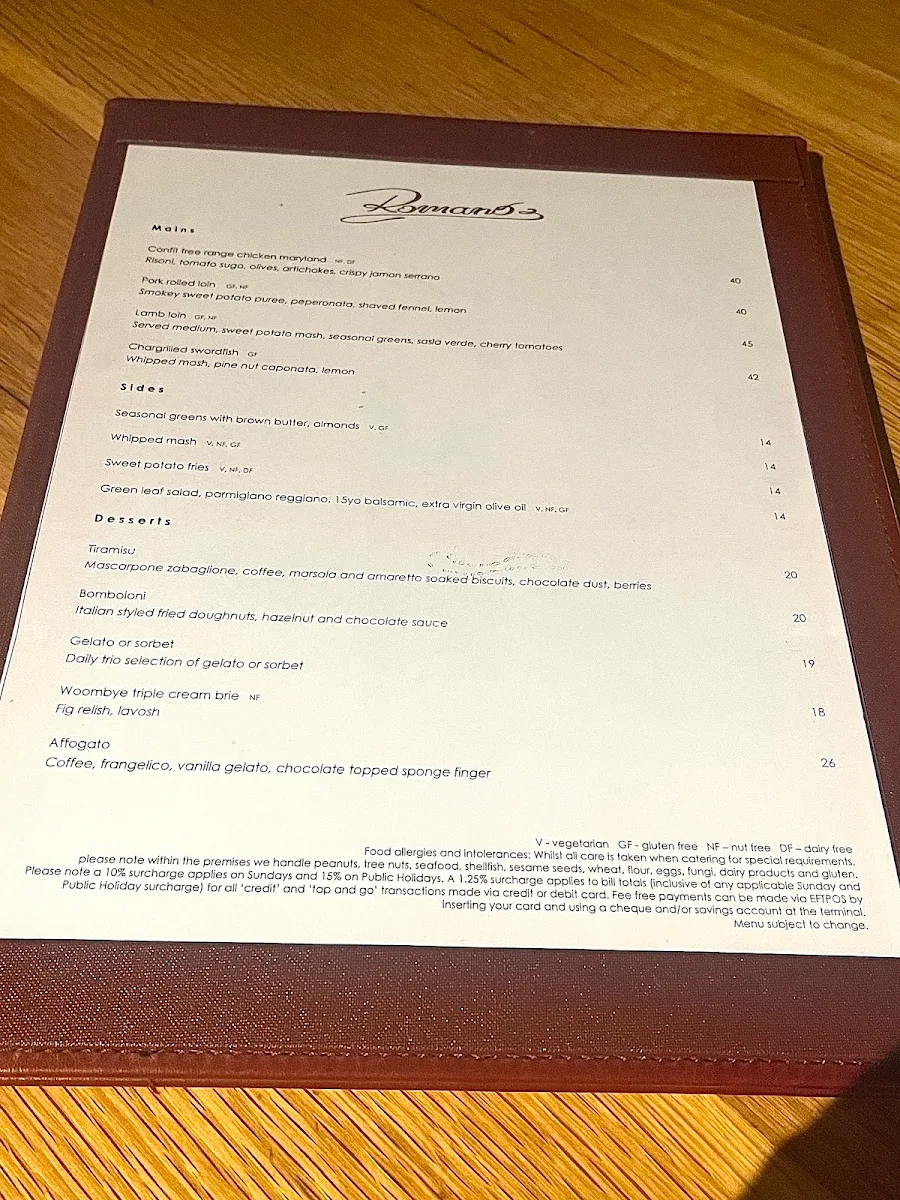 Menu, Romano's Italian Restaurant