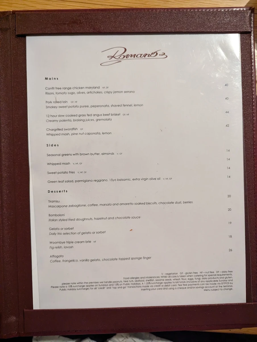 Menu, Romano's Italian Restaurant