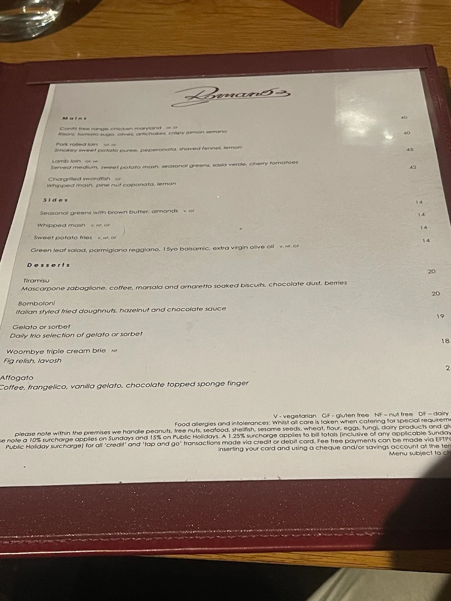 Menu, Romano's Italian Restaurant