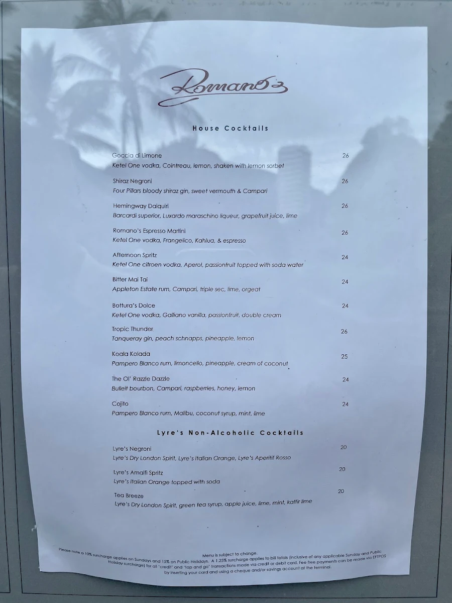 Menu, Romano's Italian Restaurant