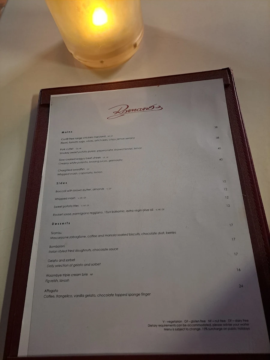 Menu, Romano's Italian Restaurant
