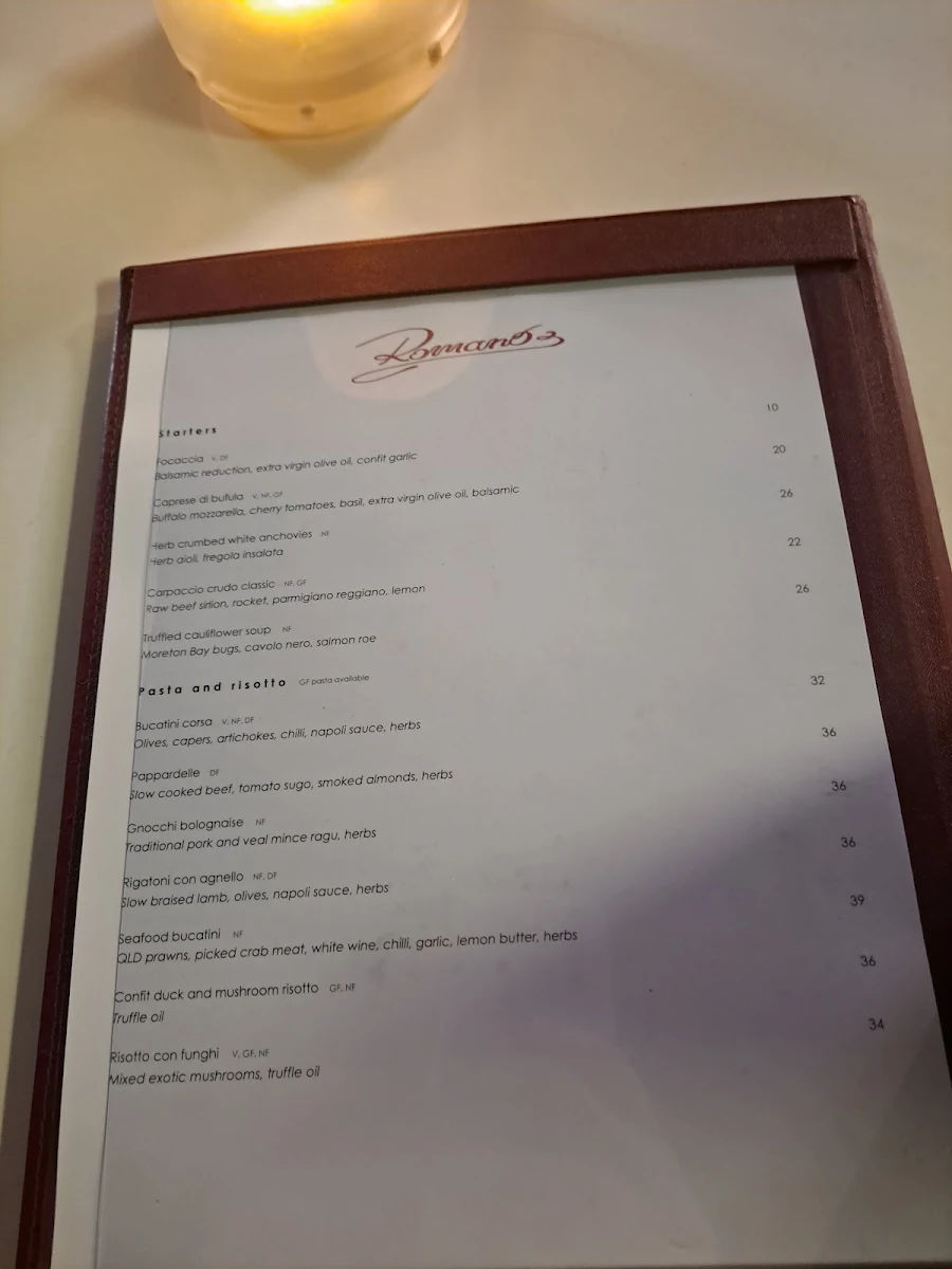 Menu, Romano's Italian Restaurant