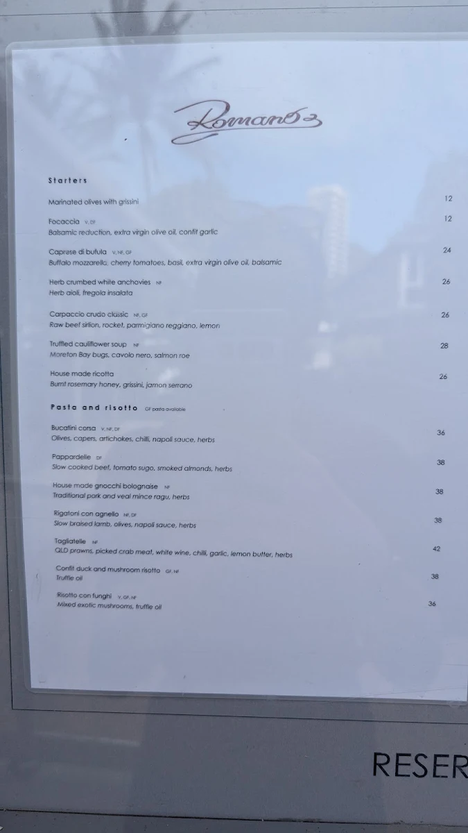 Menu, Romano's Italian Restaurant