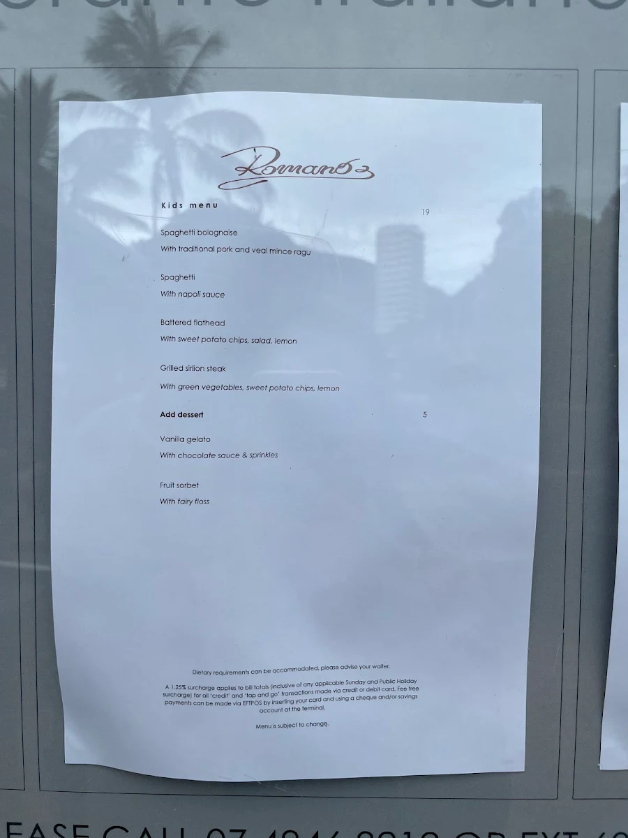 Menu, Romano's Italian Restaurant