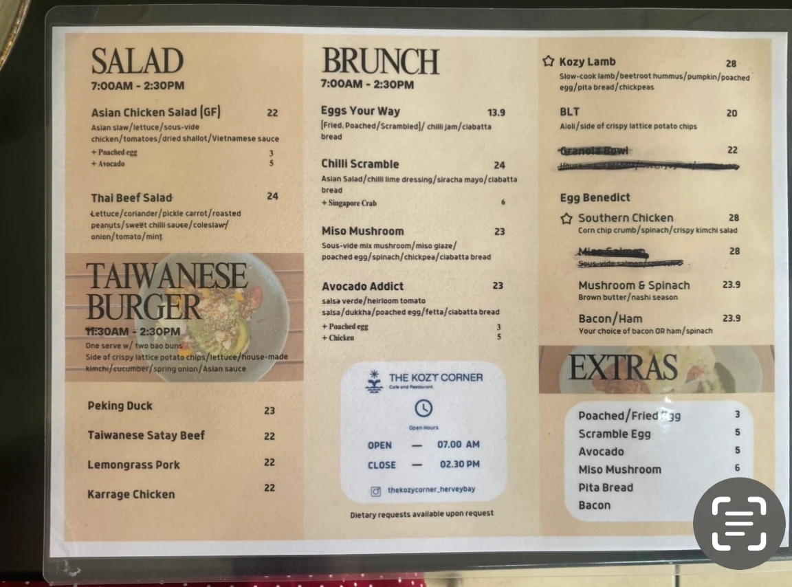 Menu, The Kozy Corner cafe Hervey Bay