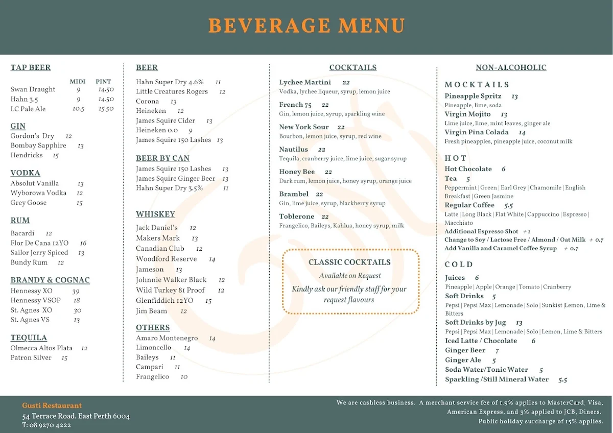 Menu, Gusti Restaurant
