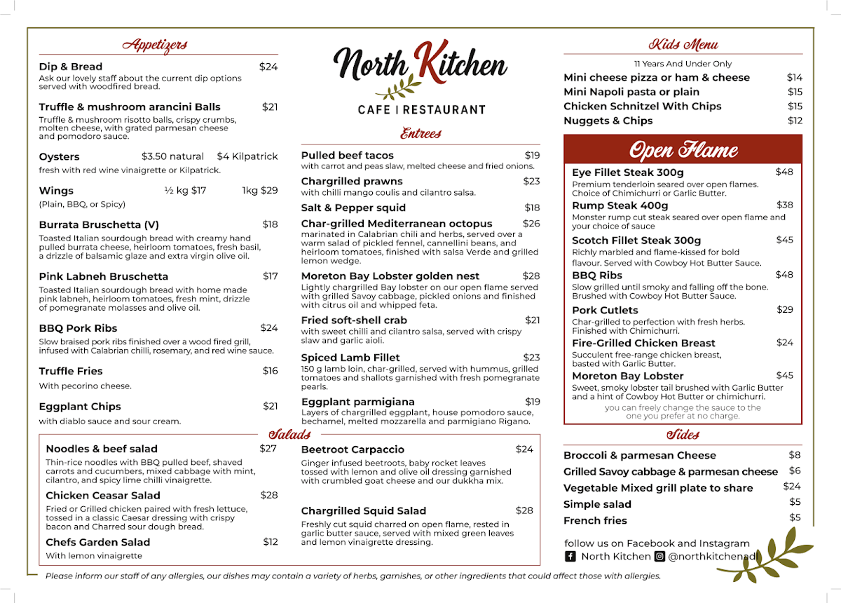 Menu, NORTH KITCHEN