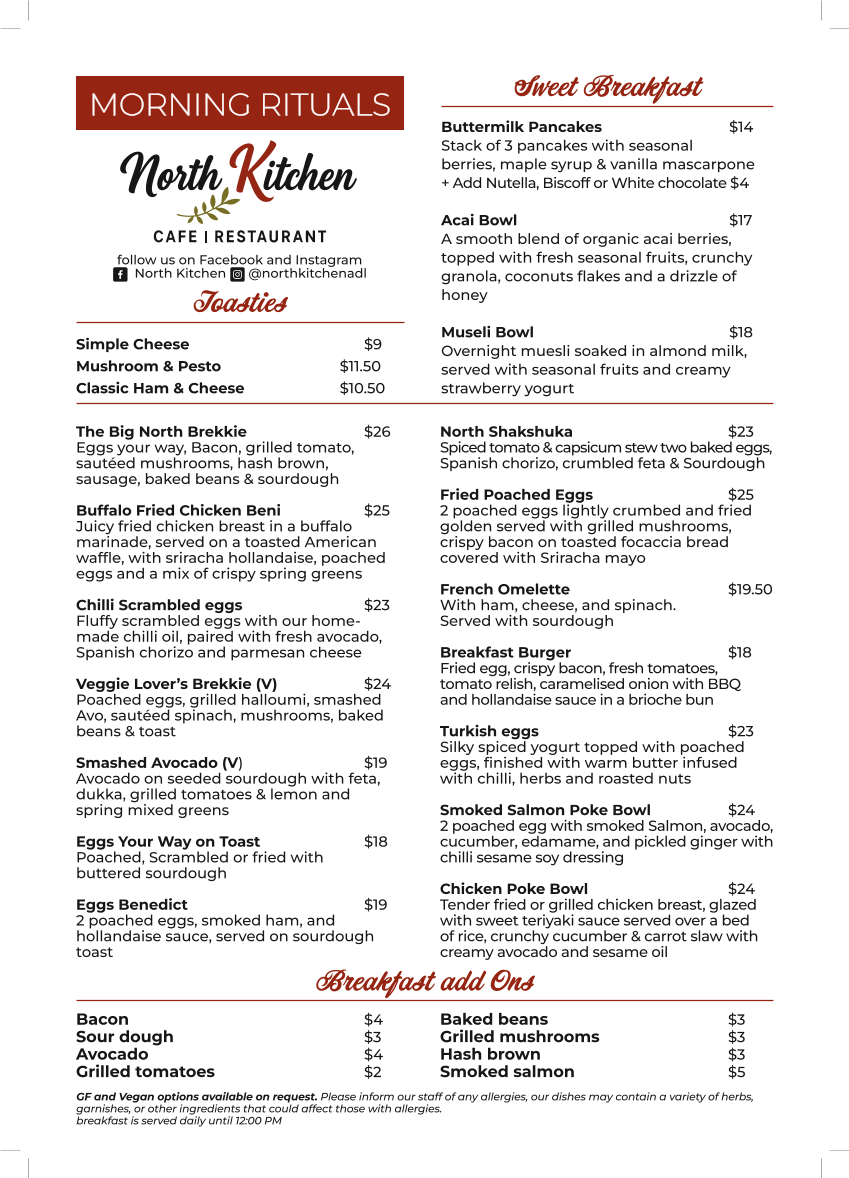 Menu, NORTH KITCHEN