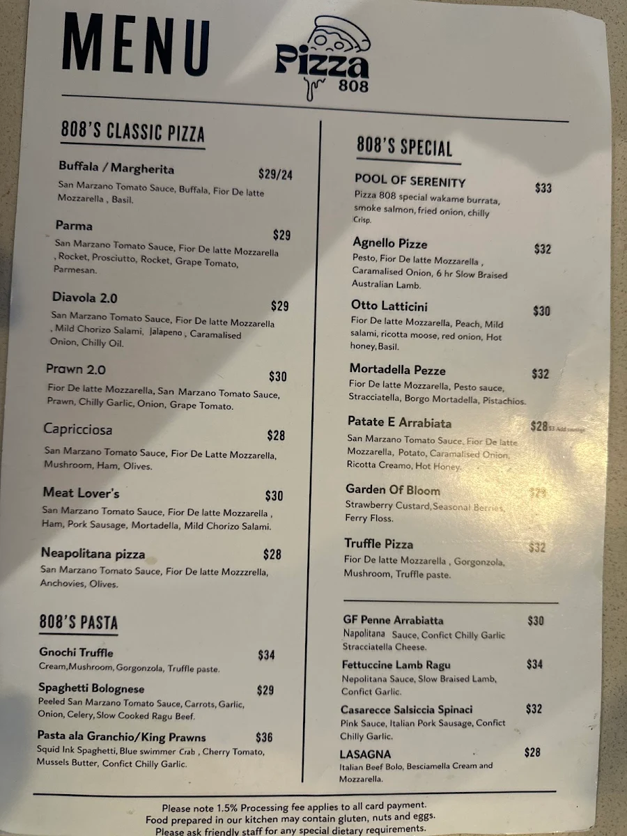 Menu, Pizza 808