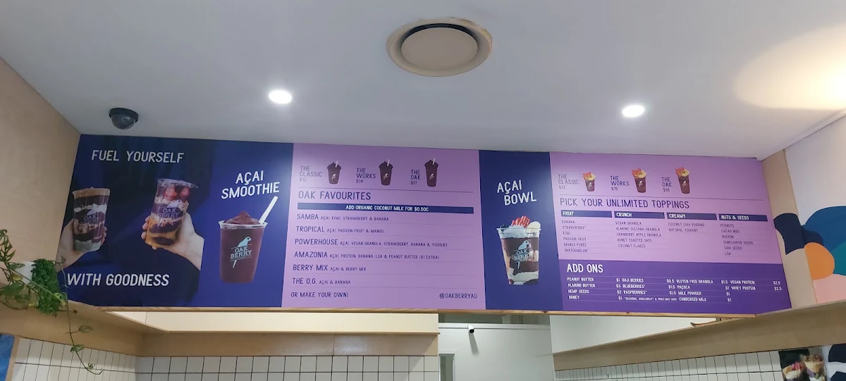 Menu, Oakberry Acai Mooloolaba
