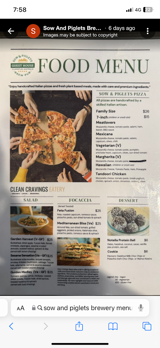 Menu, Sow And Piglets Brewery