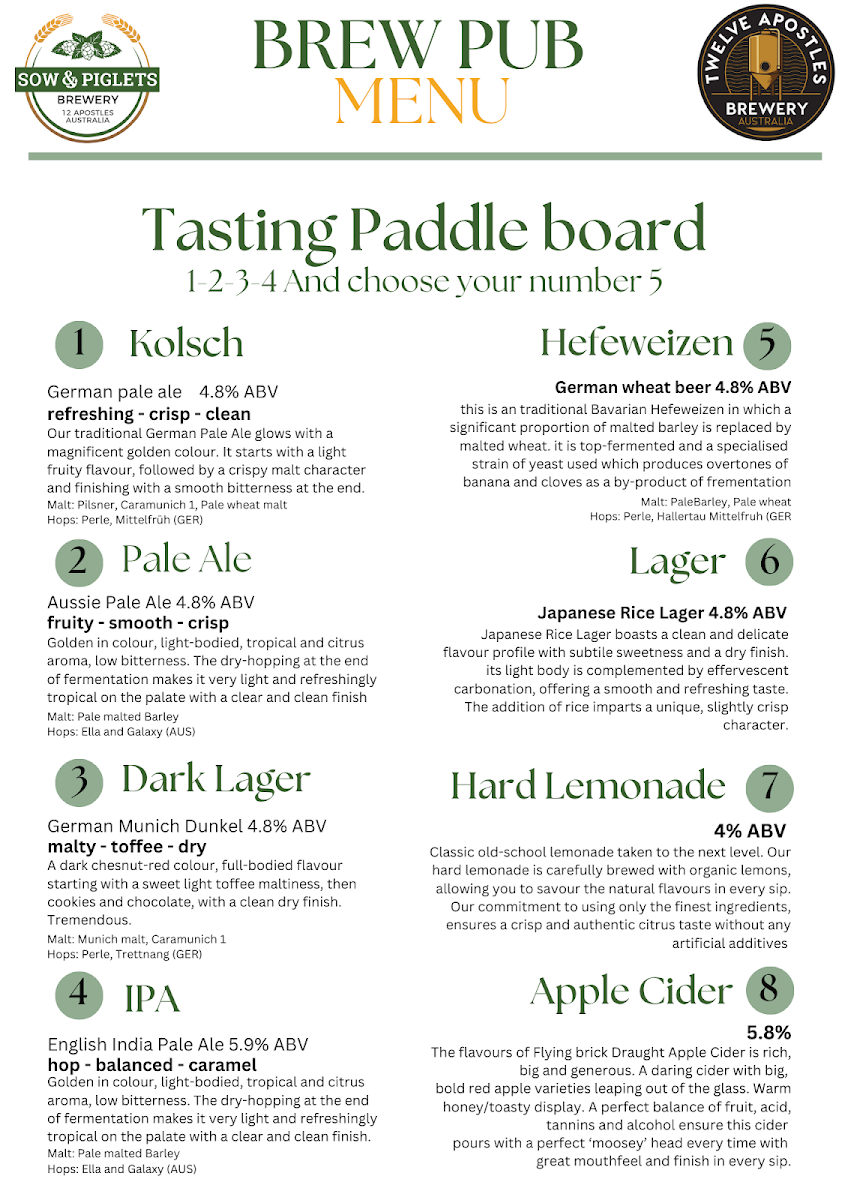 Menu, Sow And Piglets Brewery