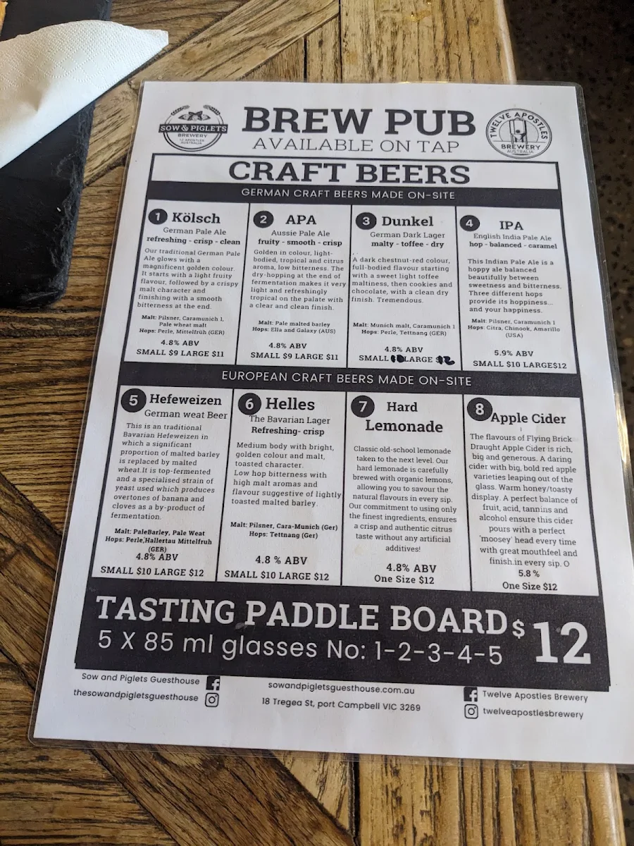 Menu, Sow And Piglets Brewery