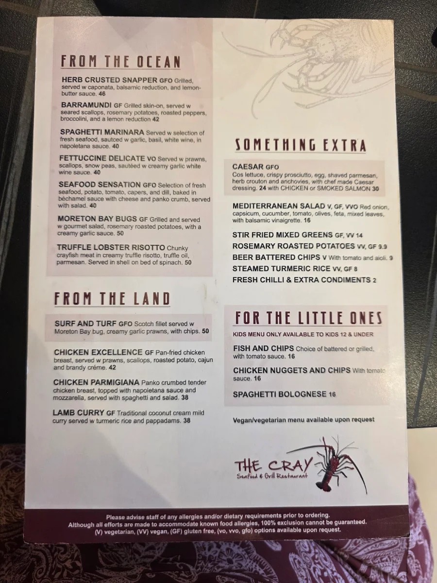 Menu, The Cray Seafood and Grill Mandurah