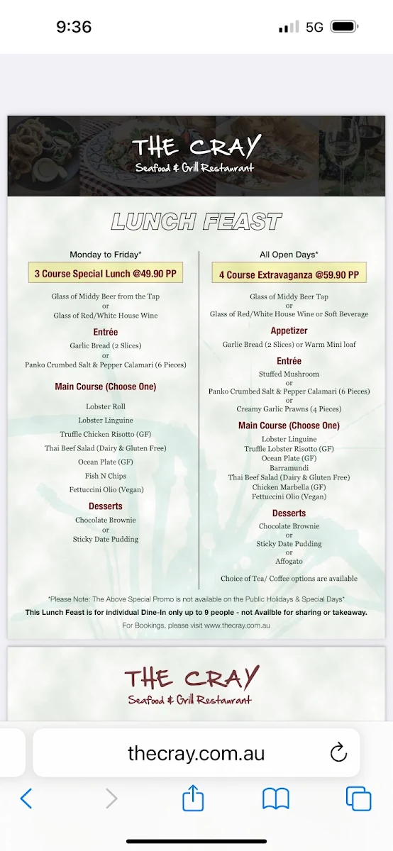 Menu, The Cray Seafood and Grill Mandurah