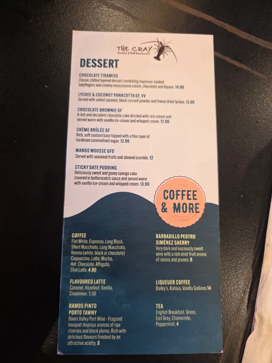 Menu, The Cray Seafood and Grill Mandurah