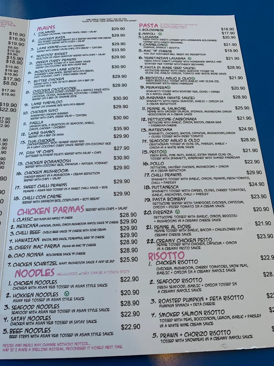 Menu, Lazy Moe's OAKLEIGH